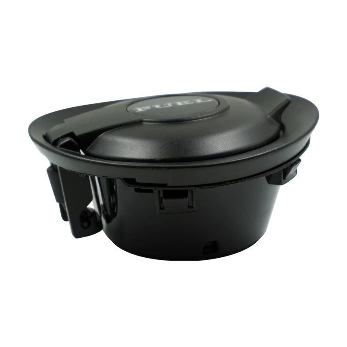 Matte black fuel gas door cover with open lid and visible locking brackets