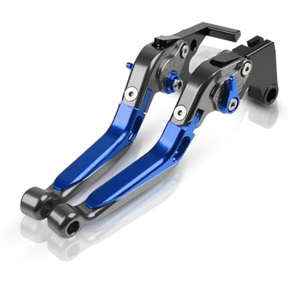 Blue brake and clutch levers with black housings and silver pivot bolts