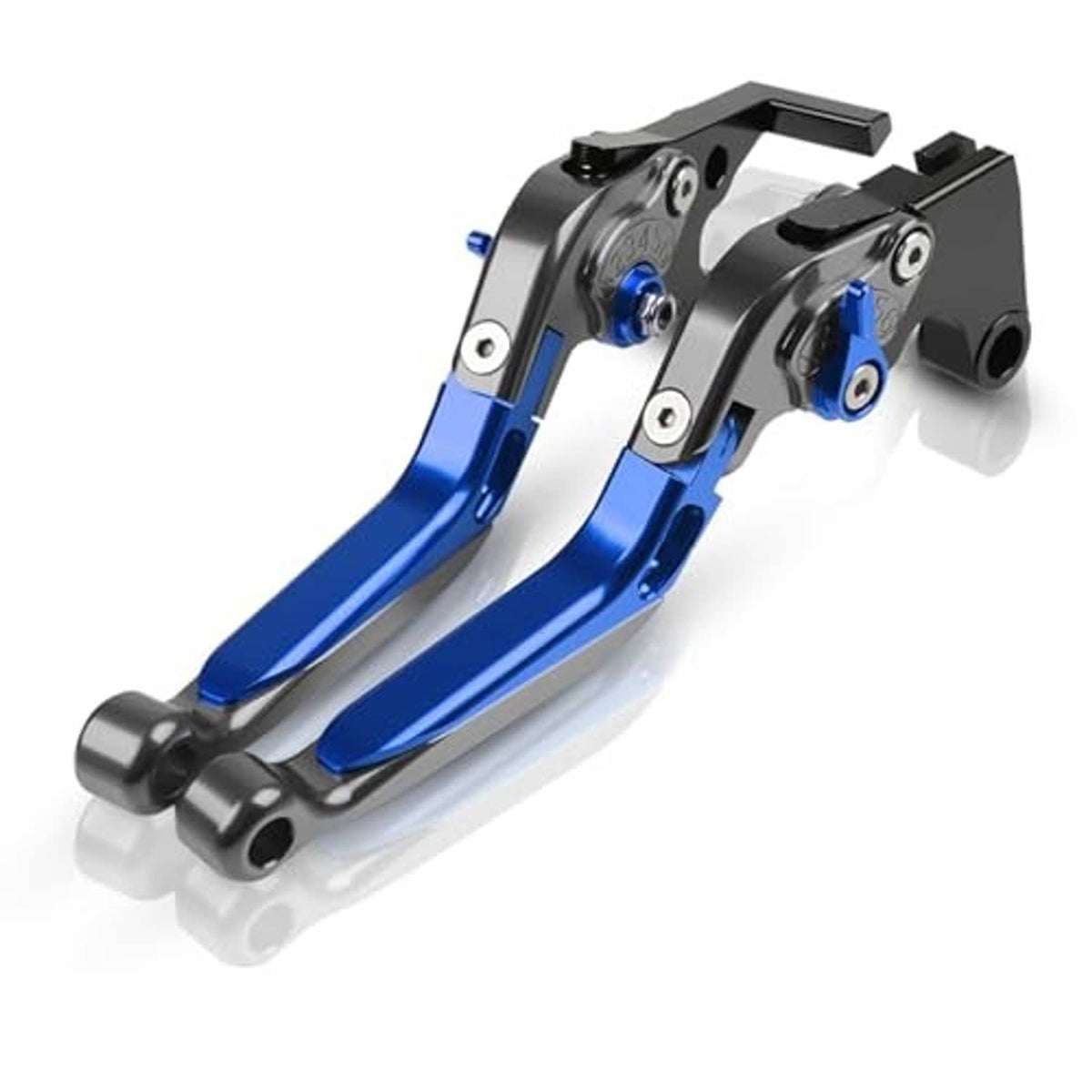 Blue brake and clutch levers with black housings and silver pivot bolts
