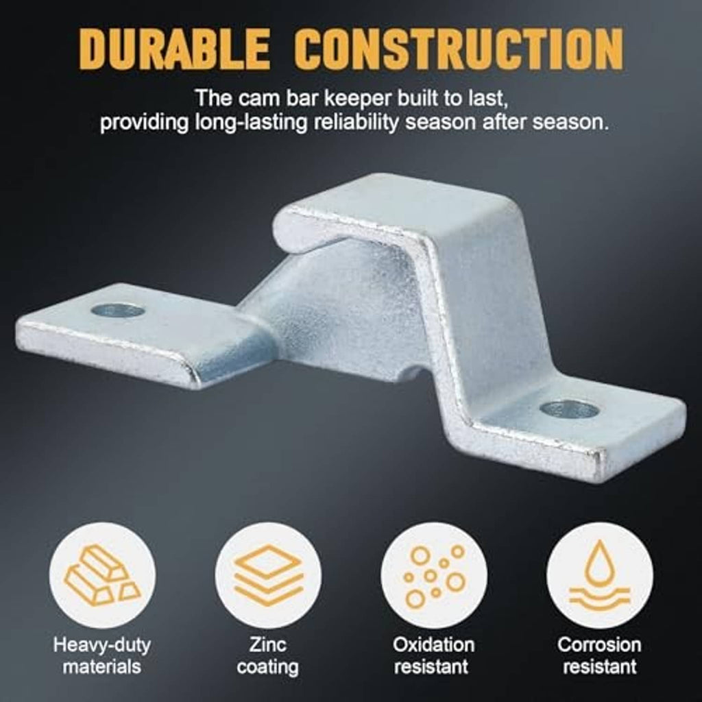 Durable metal cam bar latch keeper with two mounting tabs and circular holes
