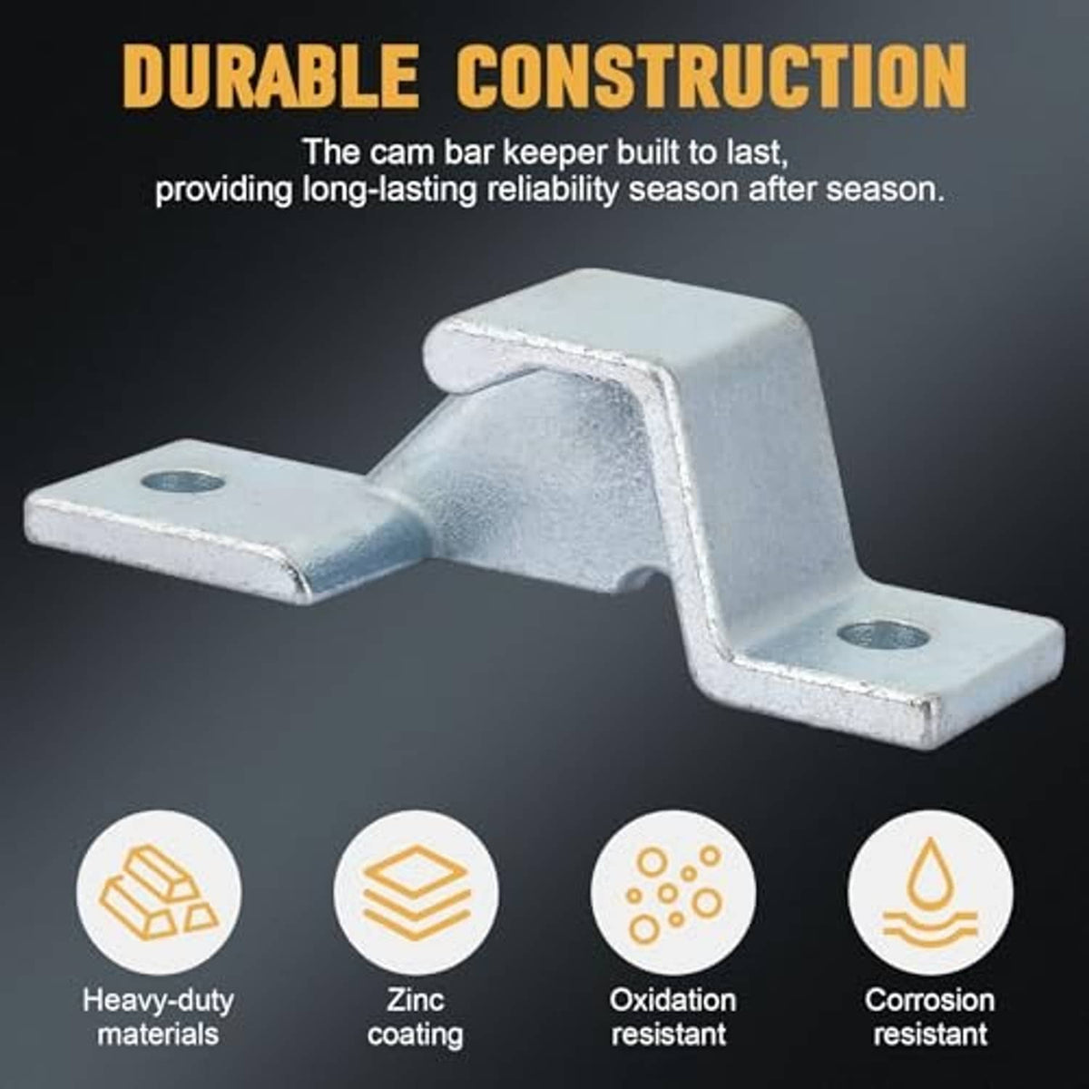 Durable metal cam bar latch keeper with two mounting tabs and circular holes
