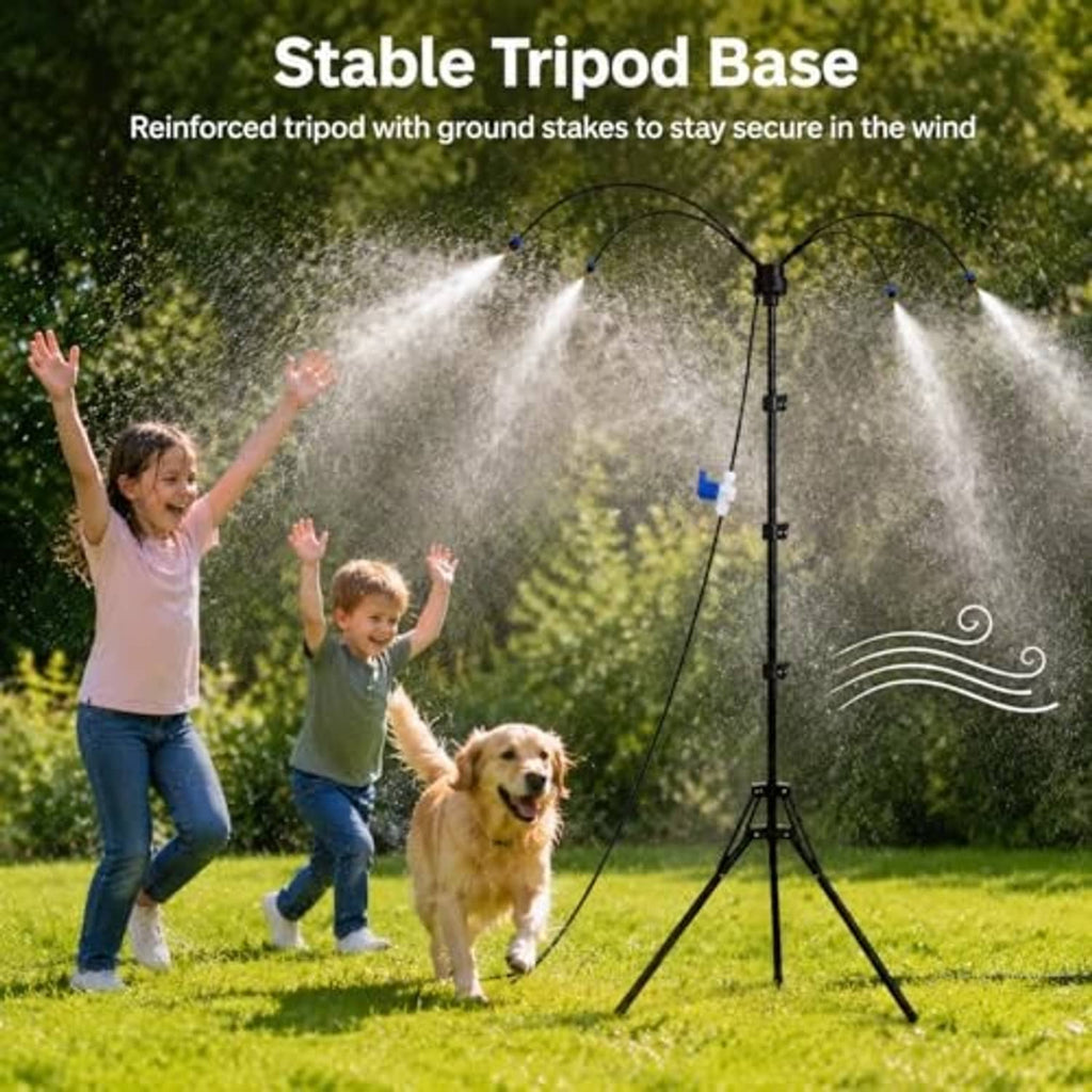 Stable tripod misting stand with reinforced legs spraying water in curved arcs