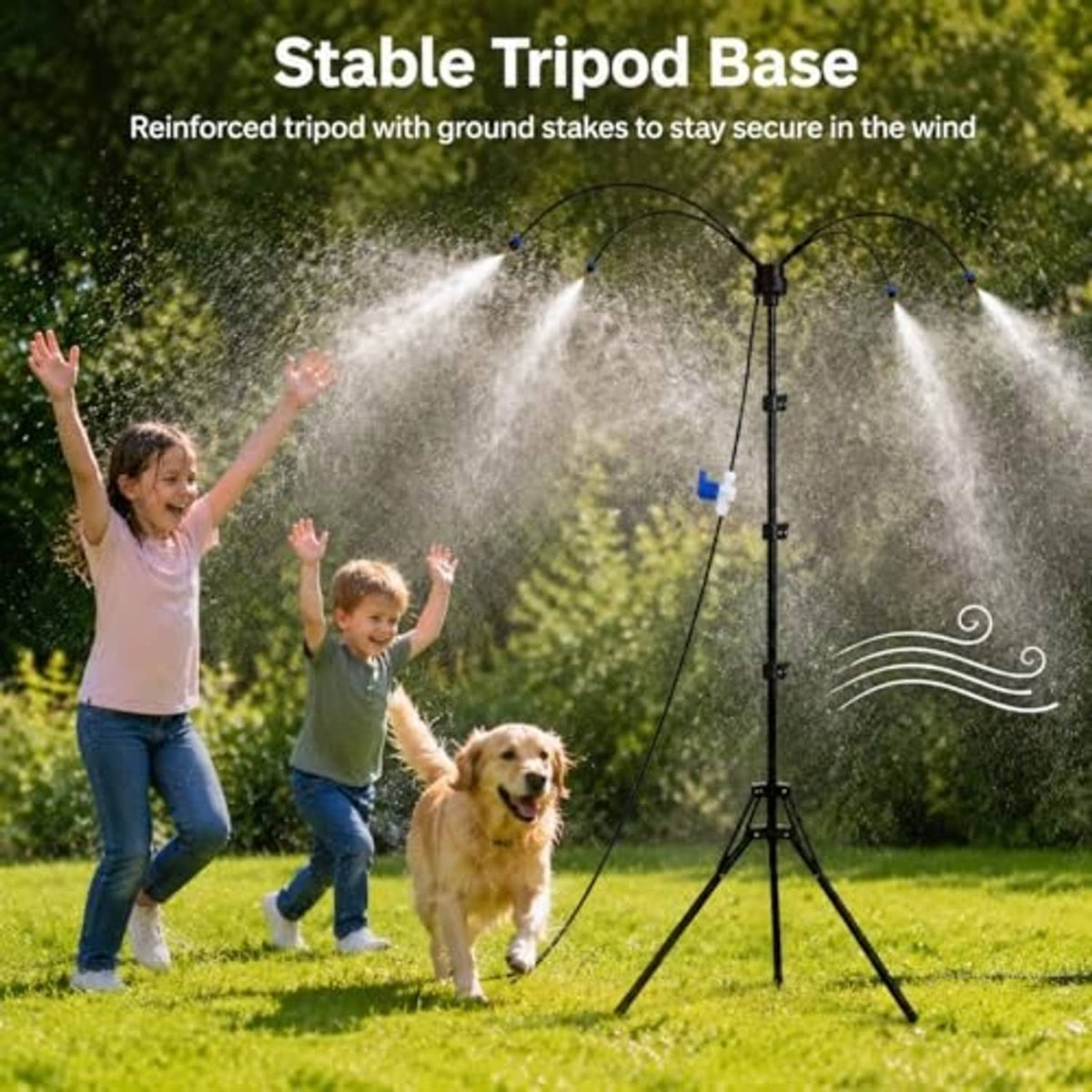 Stable tripod misting stand with reinforced legs spraying water in curved arcs
