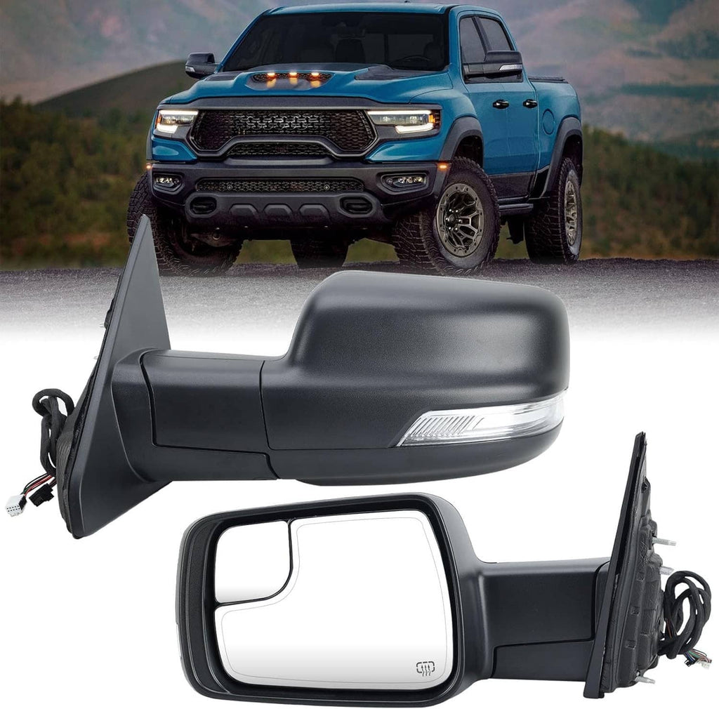 Black driver-side power folding mirror with turn signal and puddle light housing