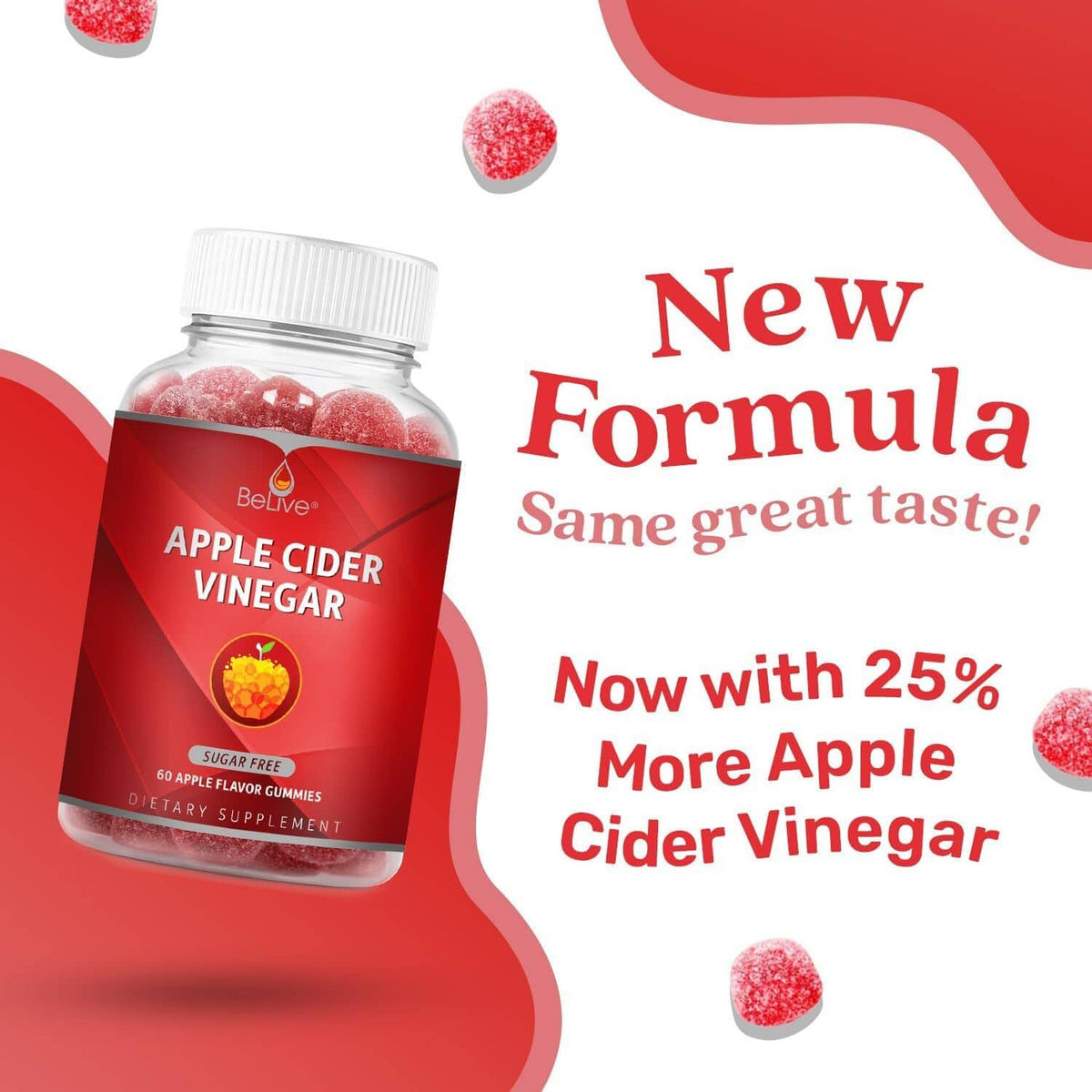 Sugar-free apple cider vinegar gummy bottle with New Formula text and scattered gummies