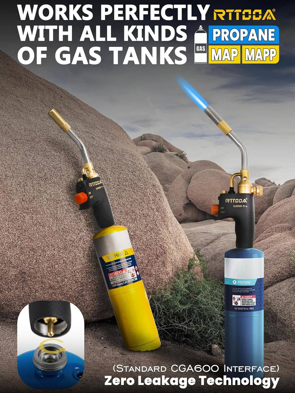 Propane torch head with blue flame, gold nozzle and black handle on gas tank setup.