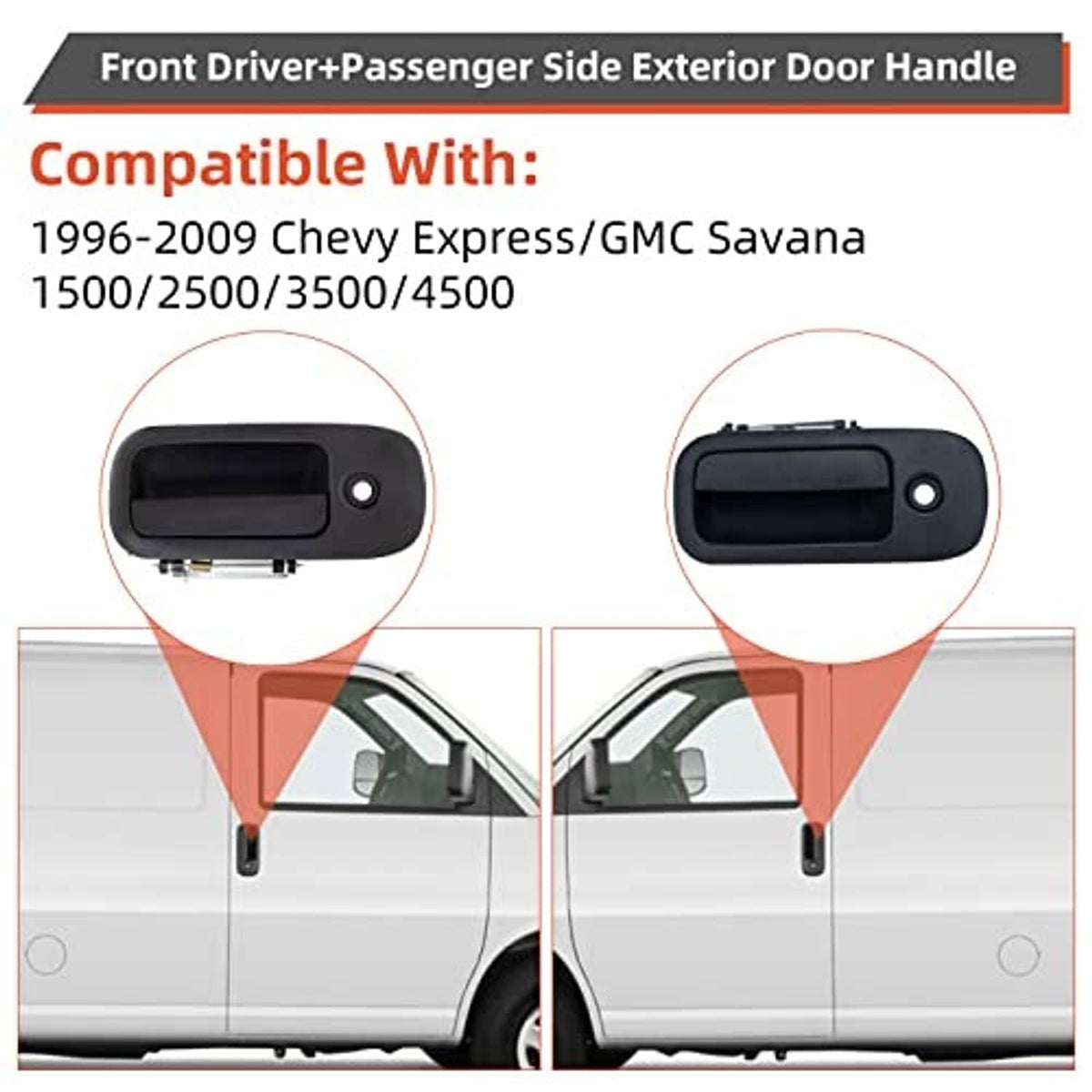 Front exterior door handle, dark gray/black, round keyhole with recessed grip area