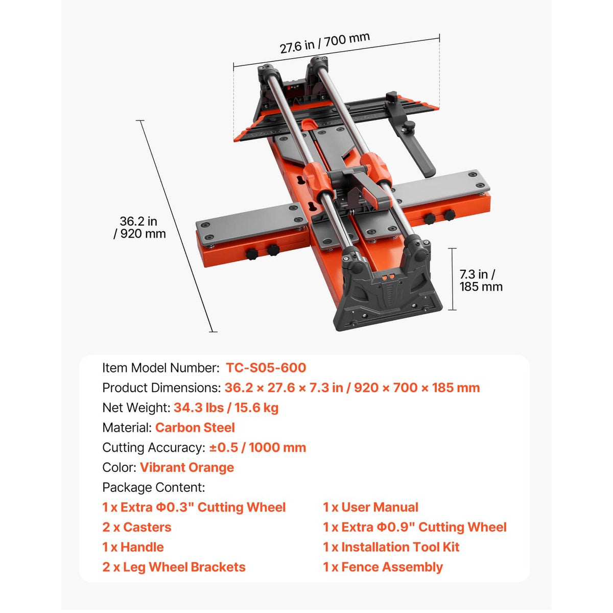 Manual tile cutter with orange base and metal frame, size diagram layout