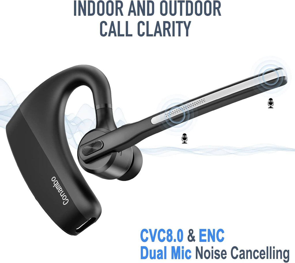 Black Bluetooth headset earpiece with long boom mic and speaker grille