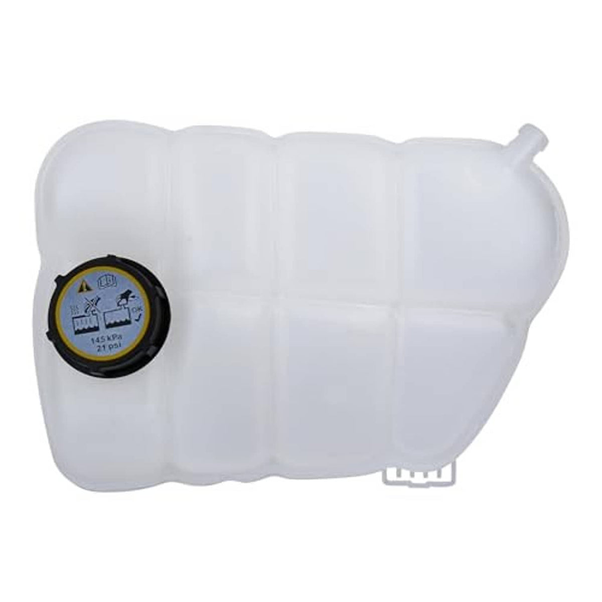 White translucent engine coolant reservoir tank with cap and pressure gauge
