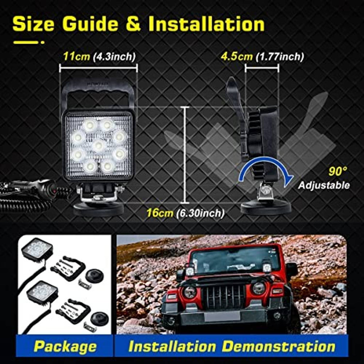 Portable LED work light with adjustable 90-degree magnetic base and front LED panel