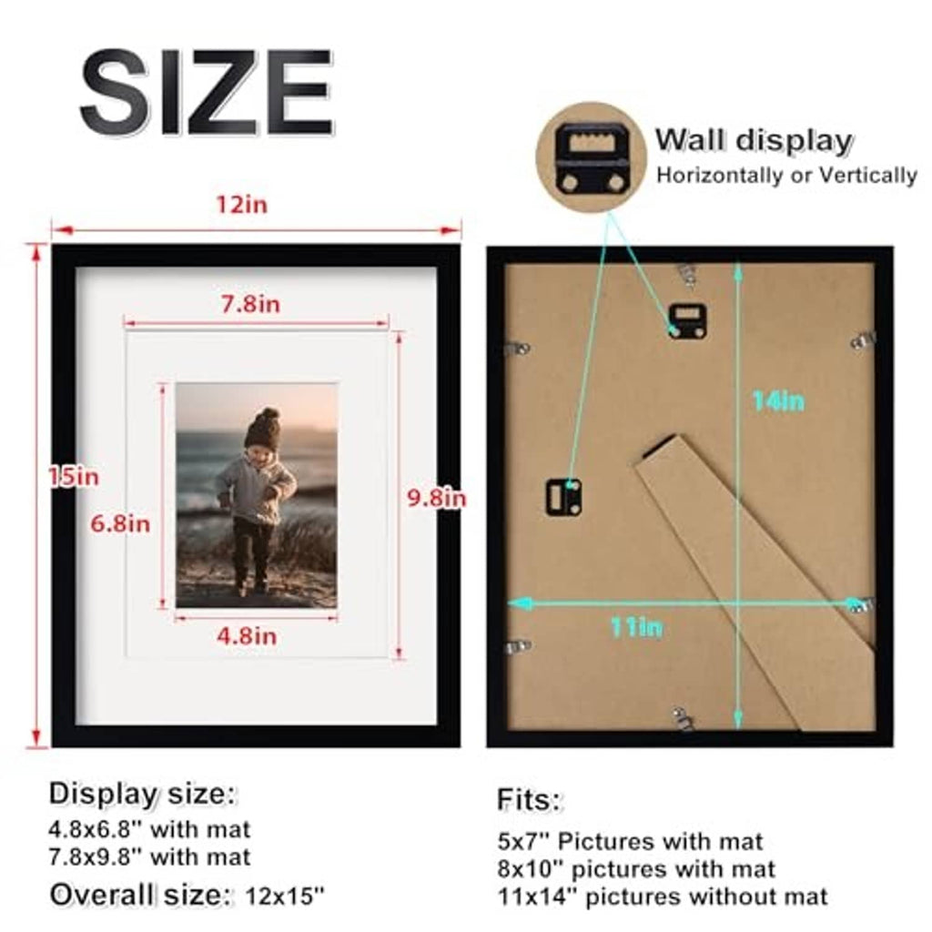 Black 11x14 picture frame size diagram showing mat and display fit