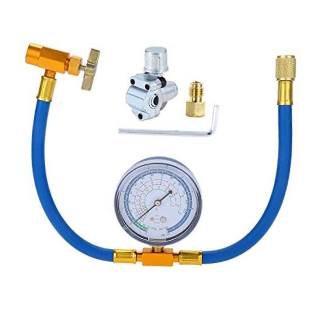AC refrigerant recharge hose kit with blue hose, brass fittings, and pressure gauge