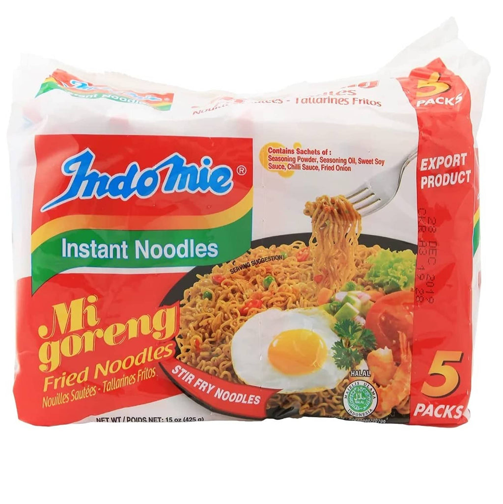 Indomie Mi Goreng instant fried noodles 5-pack red and green noodle sachet box