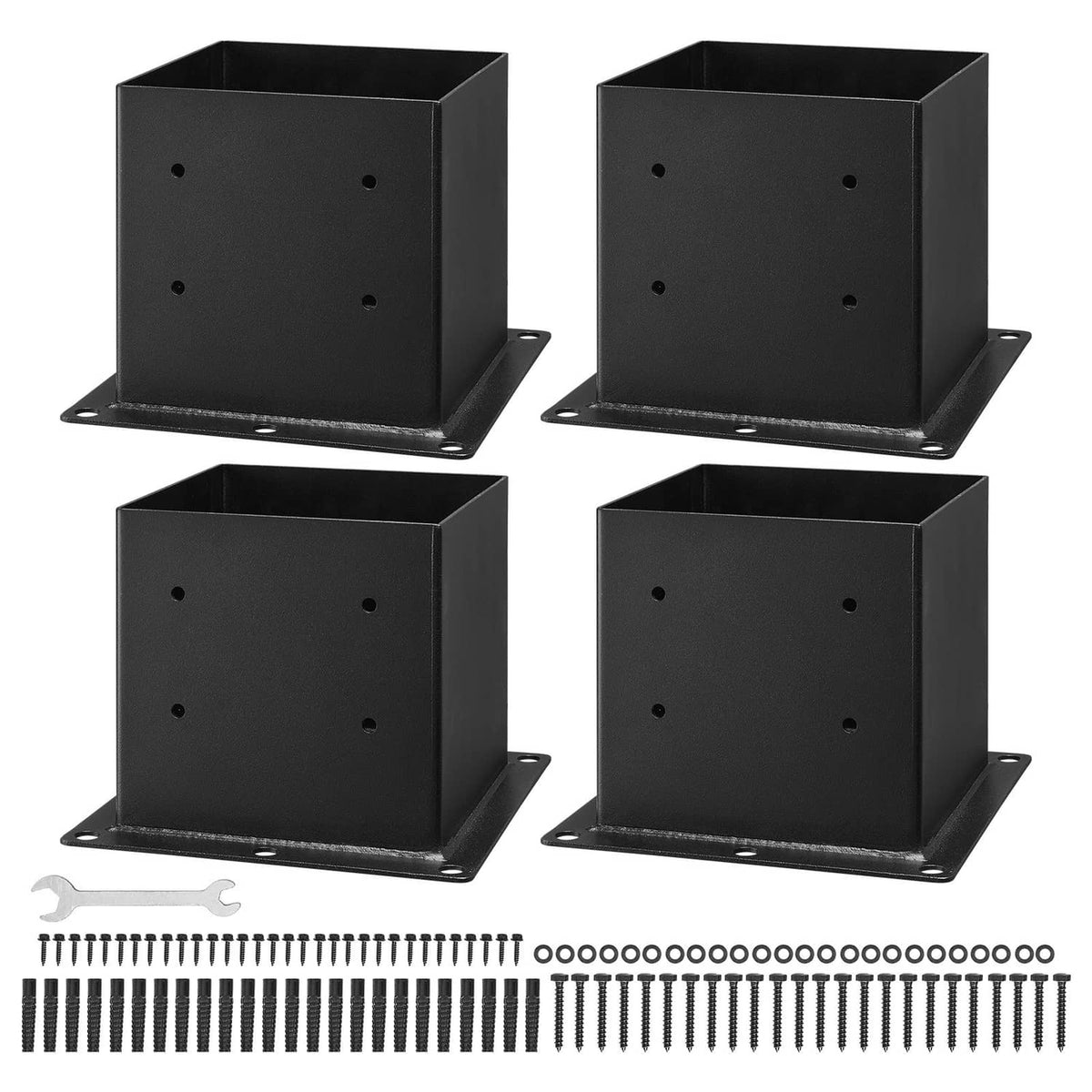 Black steel 4x4 post base brackets, 4-pack with mounting hardware and screws