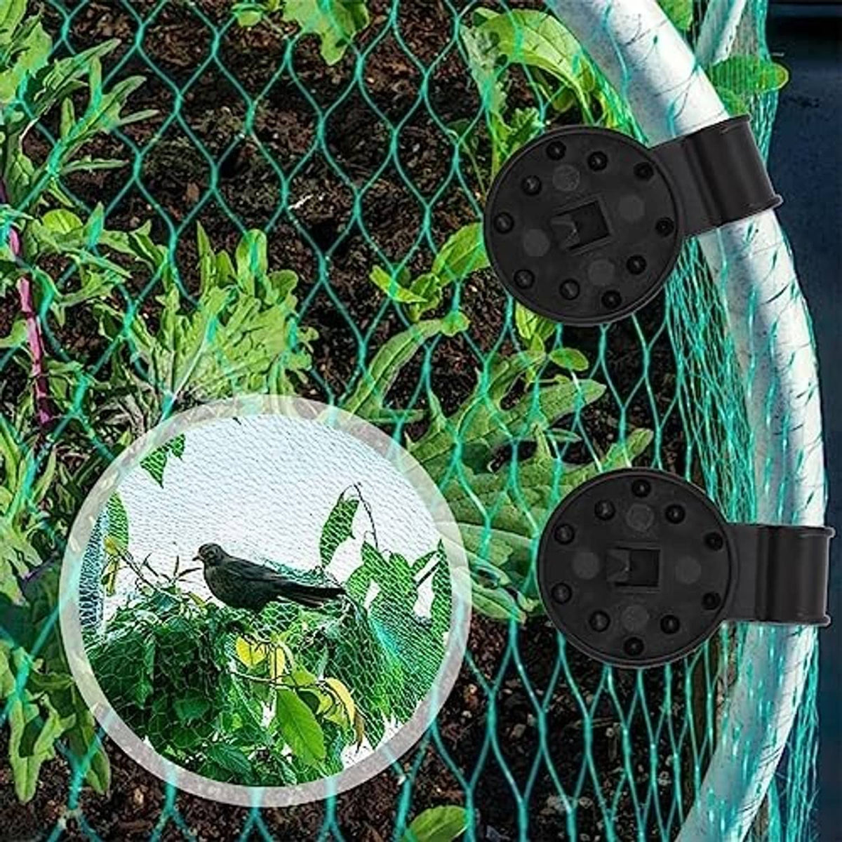 Black plastic net clip locking onto mesh fence panel with a strap