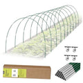 Green arched garden hoop frames with netting support and metal clips