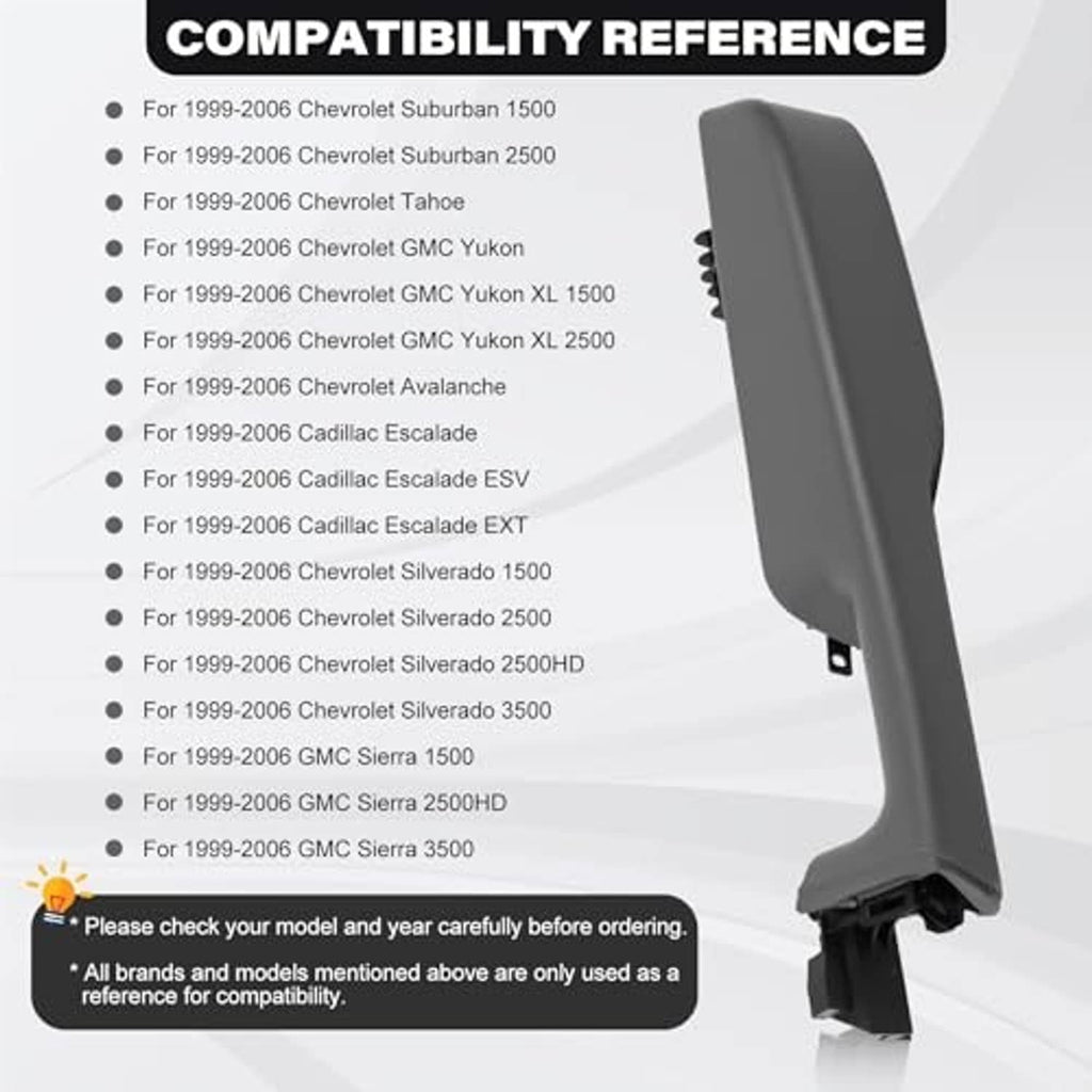 Light gray front passenger door armrest handle, tall side profile with black mounting end