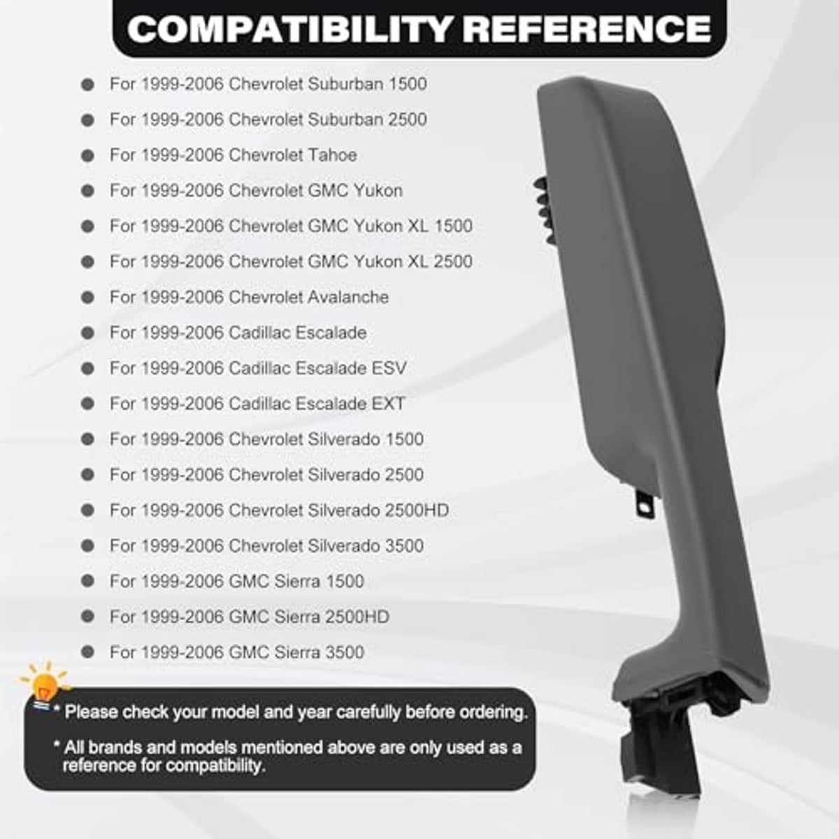 Light gray front passenger door armrest handle, tall side profile with black mounting end