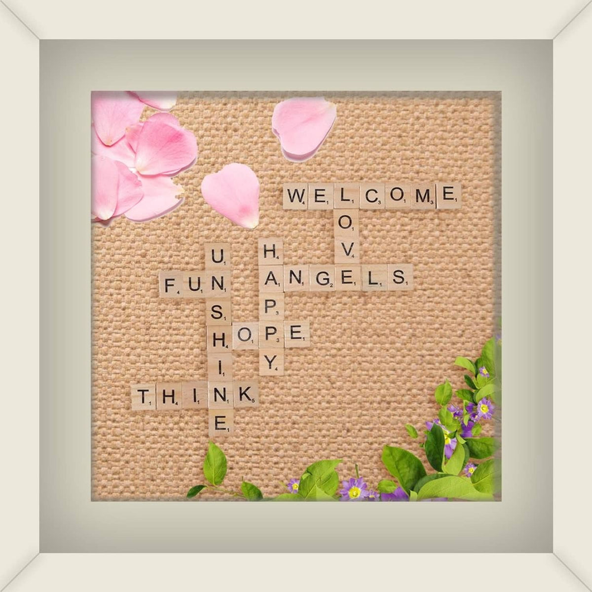 Wood letter tiles arranged spelling “WELCOME HOME” in black ink within a square grid