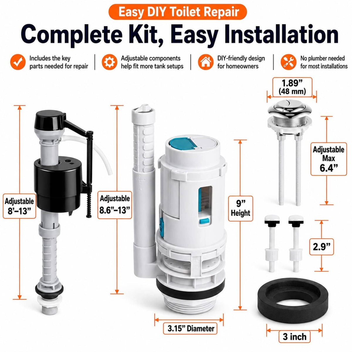 Dual flush valve replacement kit with adjustable tube, push button, mounting bolts, gasket