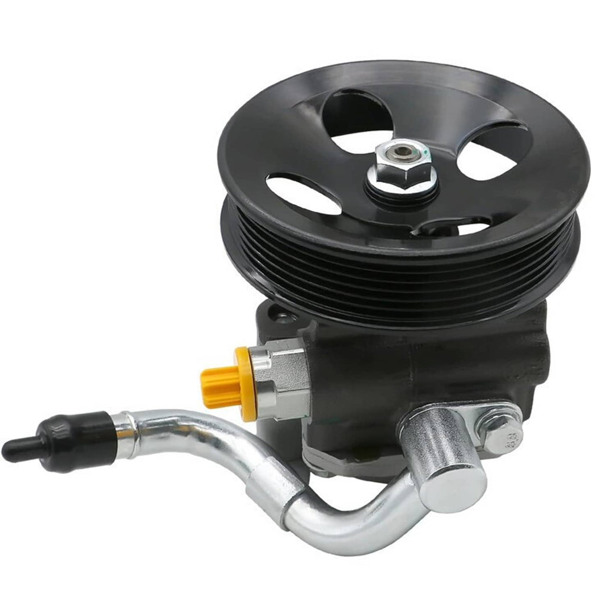 Power steering pump with black pulley and metal hose fittings