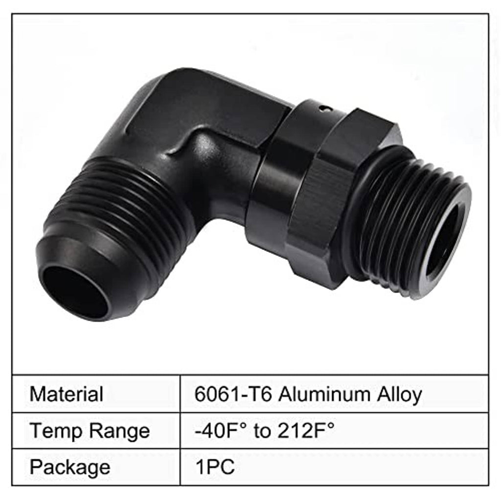 Black 90-degree AN swivel adapter fitting with textured grip and threaded ends
