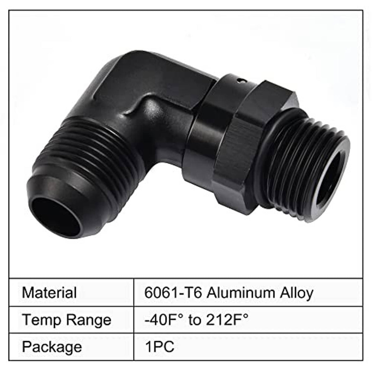 Black 90-degree AN swivel adapter fitting with textured grip and threaded ends