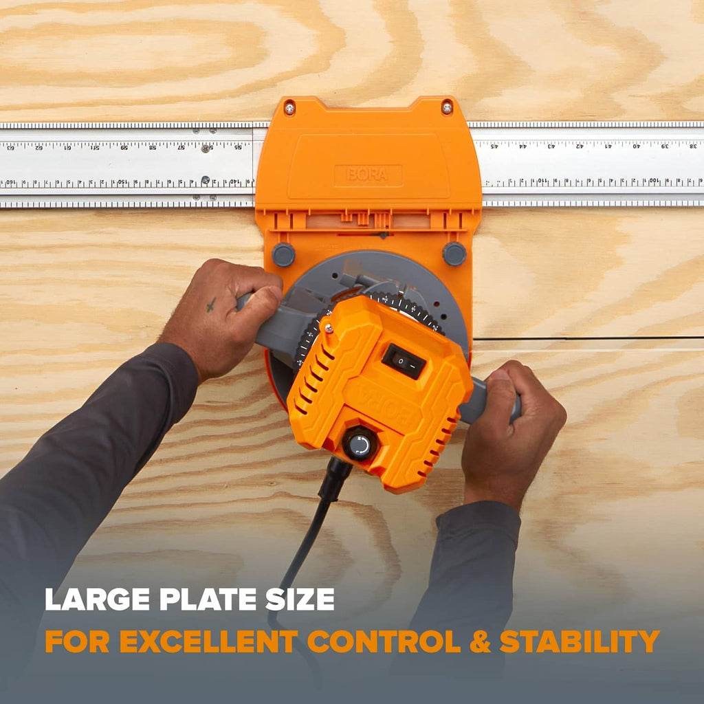 Bora router dado jig with router bit mounted on a wooden panel for dado routing