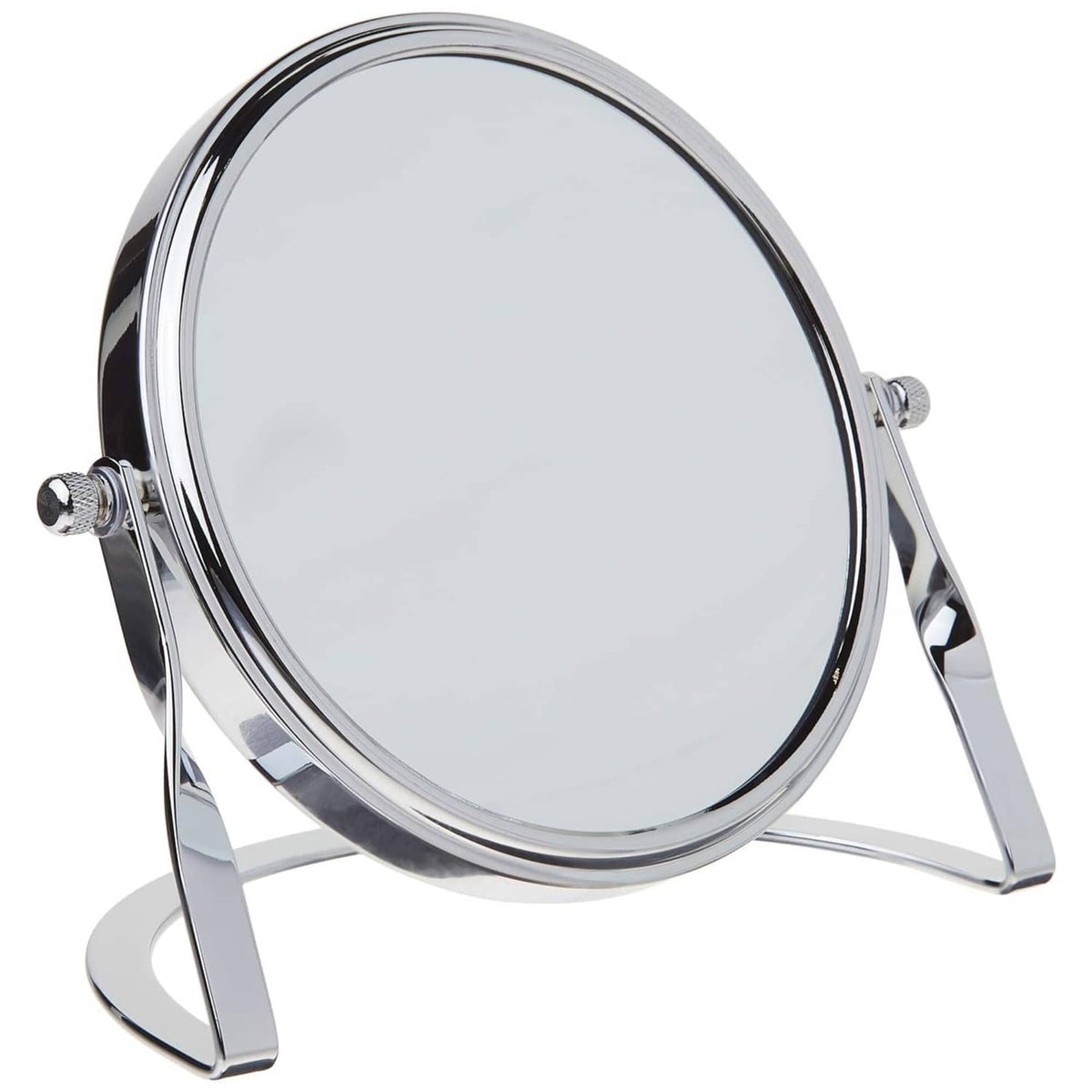 Round chrome tabletop makeup mirror with stand and side knobs, close-up front view