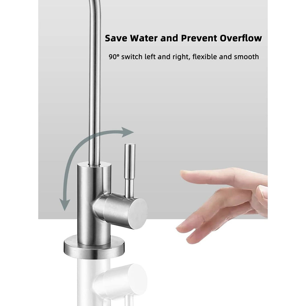 Water filter faucet with vertical spout, round base, and compact side control