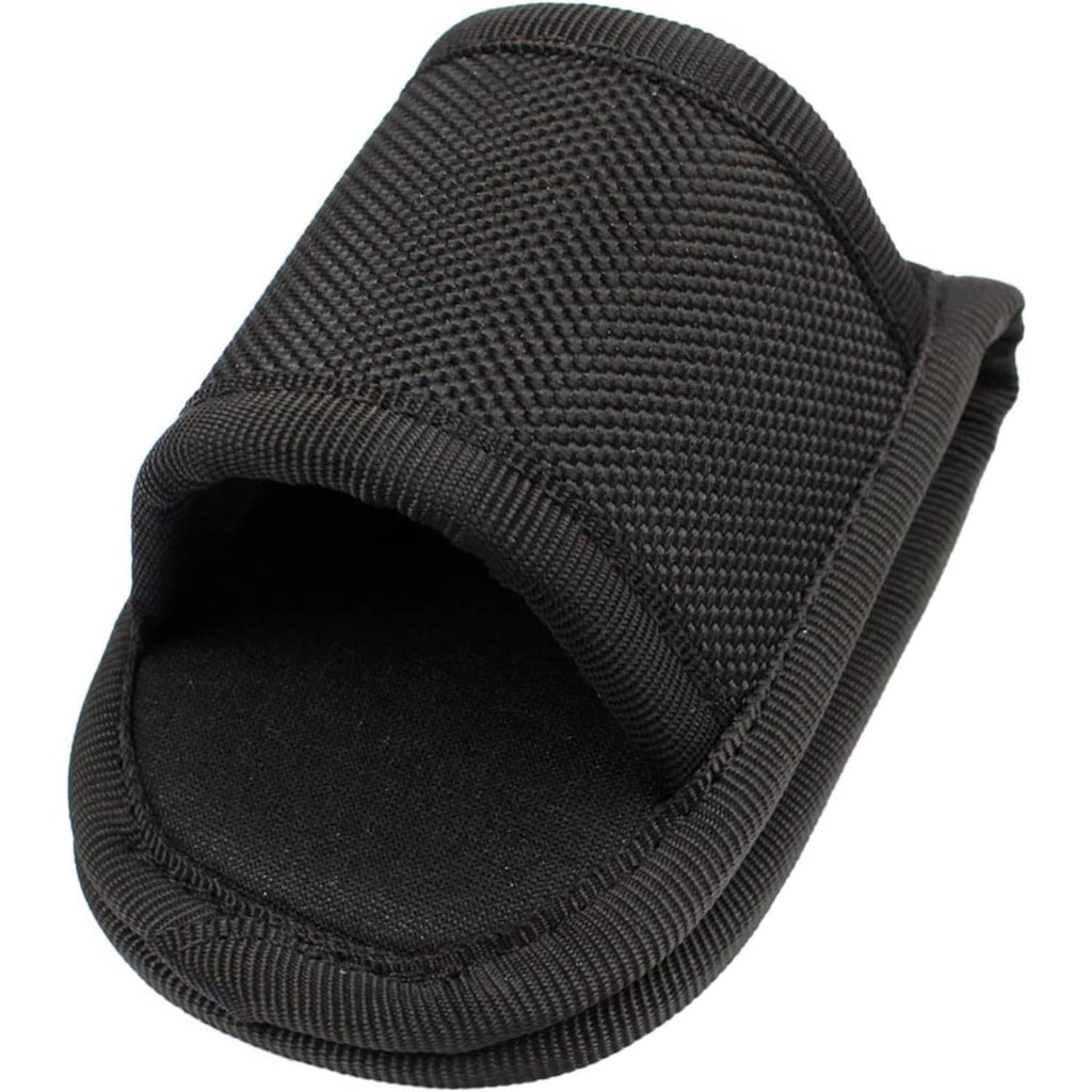 Open-top black flashlight holder pouch with textured nylon weave.