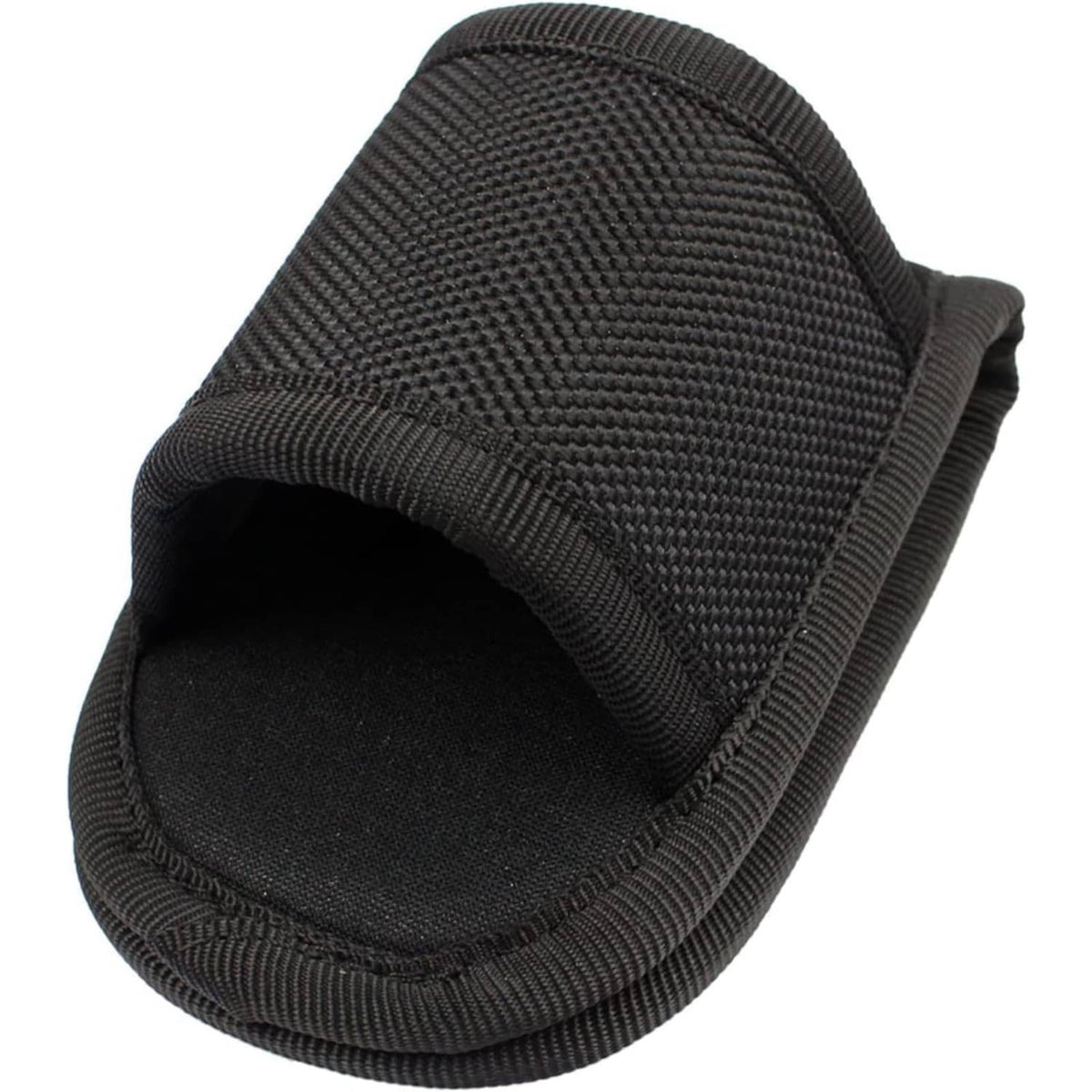 Open-top black flashlight holder pouch with textured nylon weave.