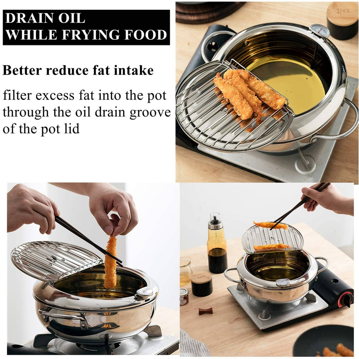 Stainless steel deep-fryer pot with wire basket resting above oil, with fried chicken pieces