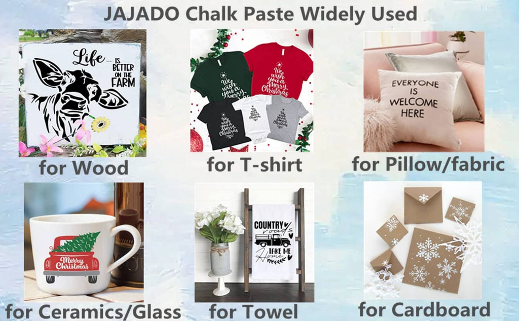 Chalk paste printing sample designs on shirts, pillows, and other items