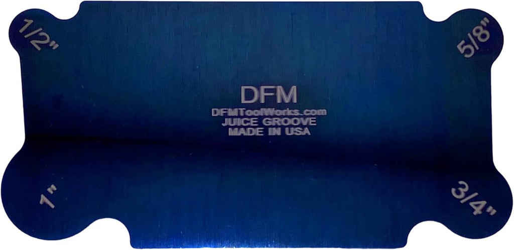 Blue curved cabinet scraper card with DFM branding, including 1/2 and 3/4 markings
