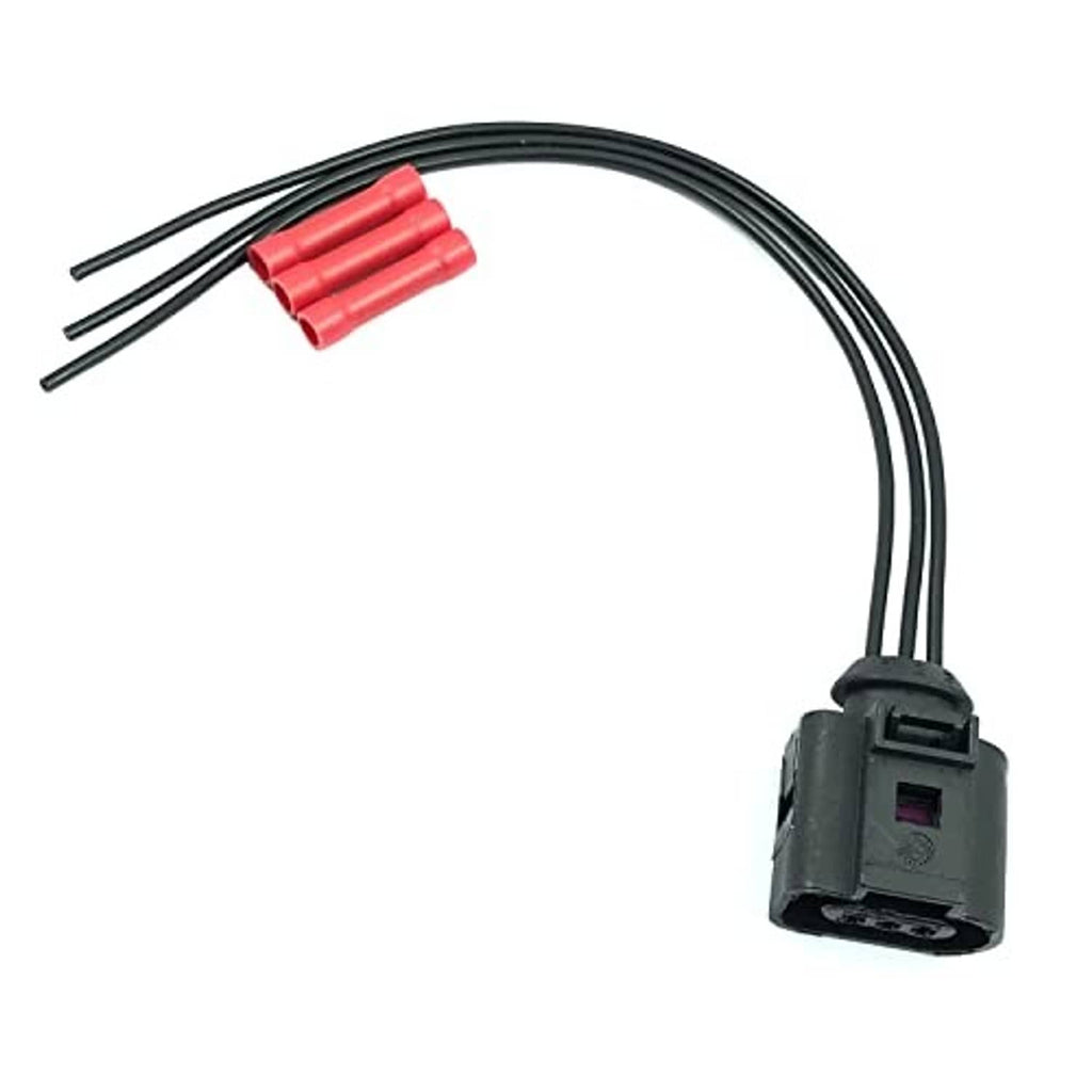 3-pin connector pigtail harness with black wires and red heat-shrink terminals