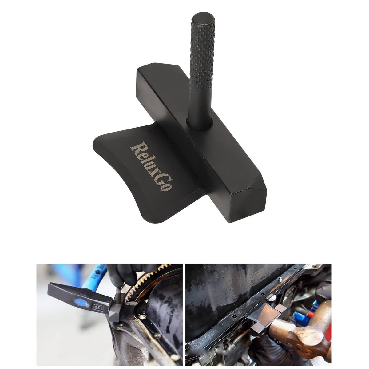 Black oil pan separator tool with textured grip and wide base, ReluxGo logo