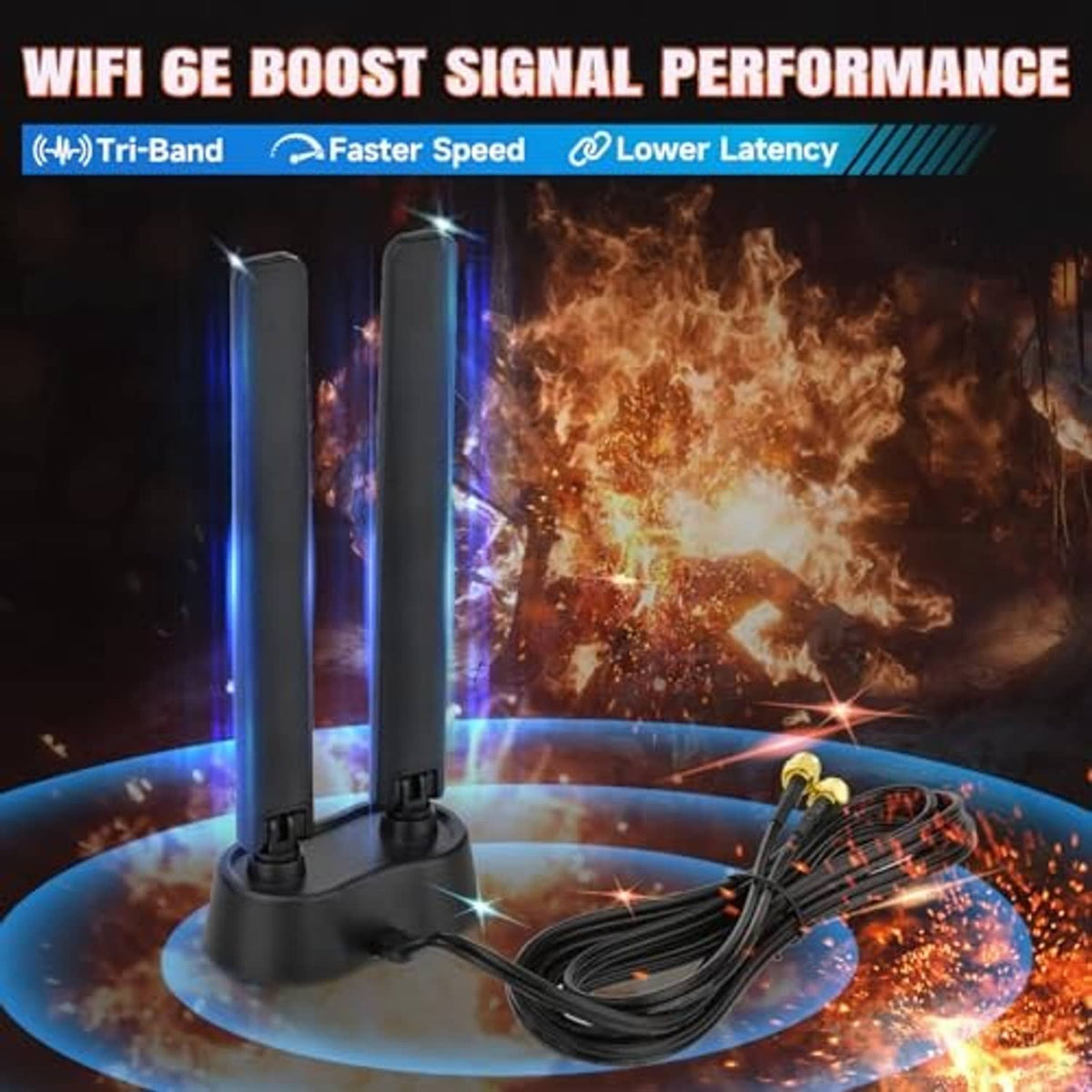Tri-band WiFi 6E antenna with two black rods and coiled coax cable on magnetic base