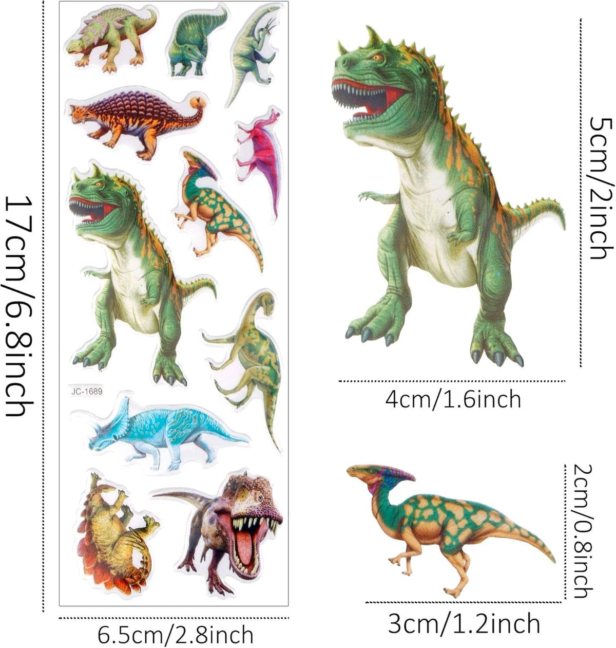 Colorful 3D dinosaur sticker sheet with large green T-rex and smaller dinos