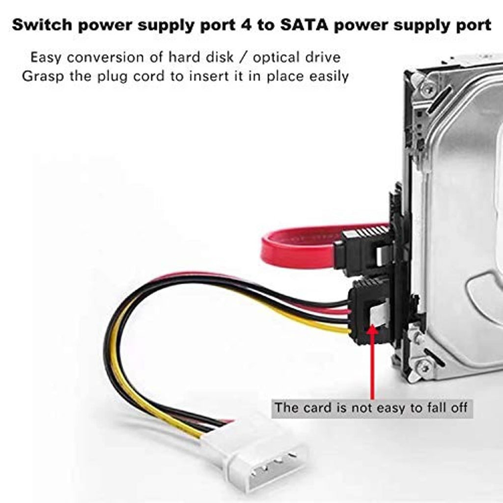 SATA power cable with white SATA plug and black Molex 4-pin male connector near drive