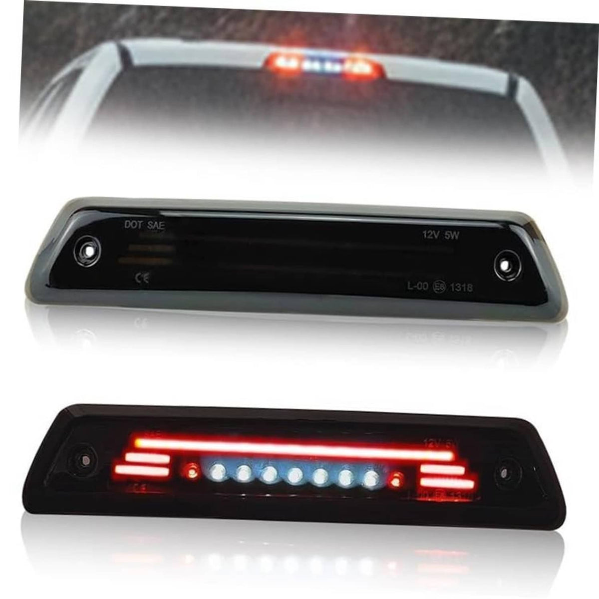 LED third brake light assembly with black housing and glowing red LED strip