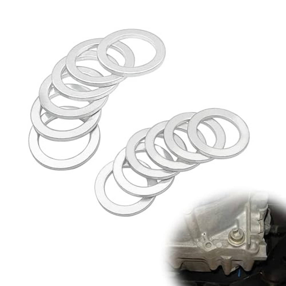 Set of six silver metal crush washers with circular sealing ring profile