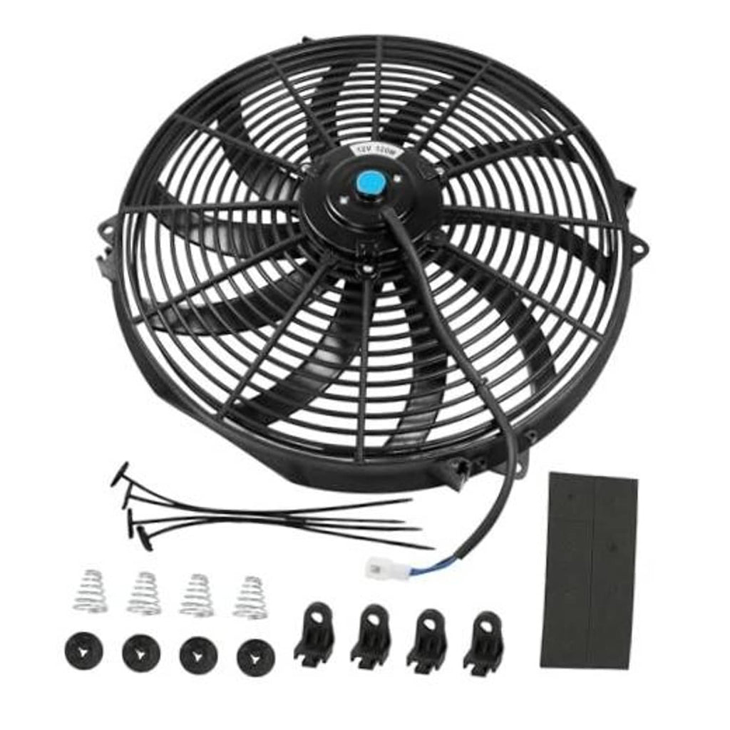 Black 12V radiator cooling fan with protective grille and attached power wires