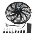 Black 12V radiator cooling fan with protective grille and attached power wires