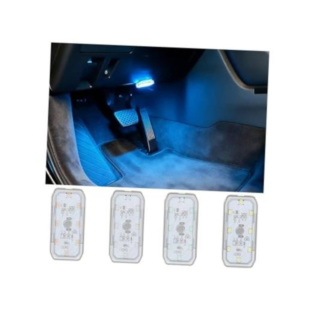 Set of four magnetic LED car ambient lights, ice blue glow, clear rectangular panels
