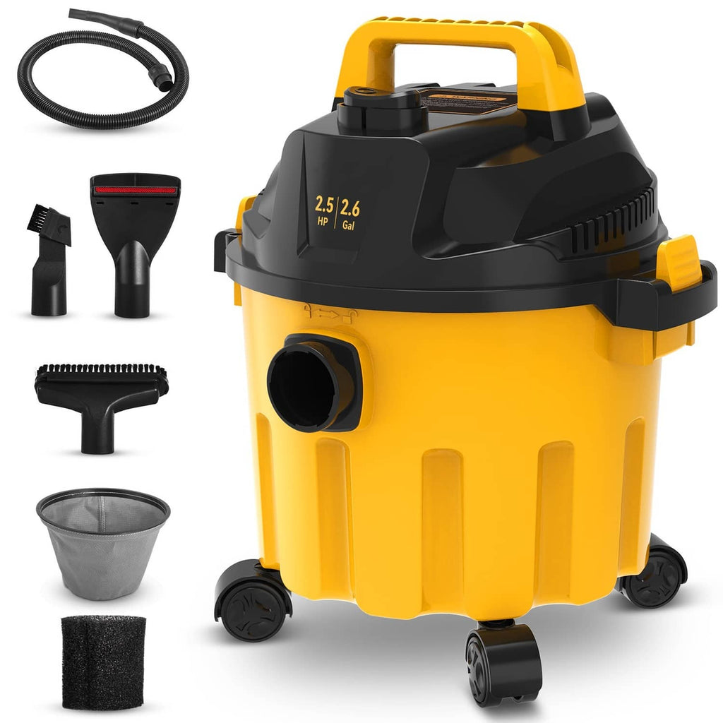 Yellow and black 2.6-gallon wet/dry shop vacuum cleaner with multiple attachment nozzles