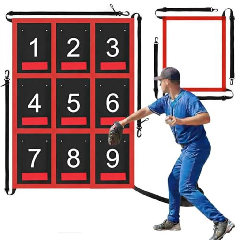 Adjustable strike zone target with red frame and numbered 1–9 grid, shown in use