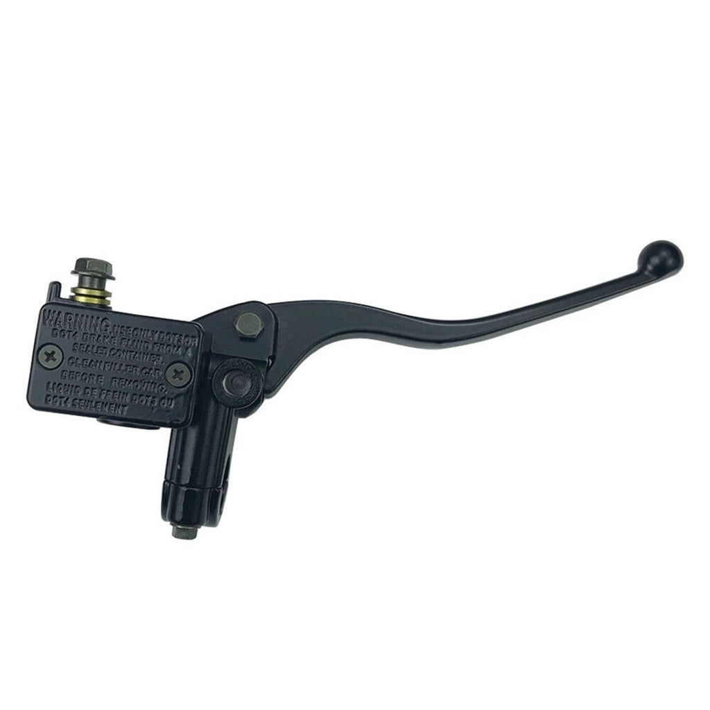 Black front brake master cylinder lever assembly with reservoir and mounting bolts