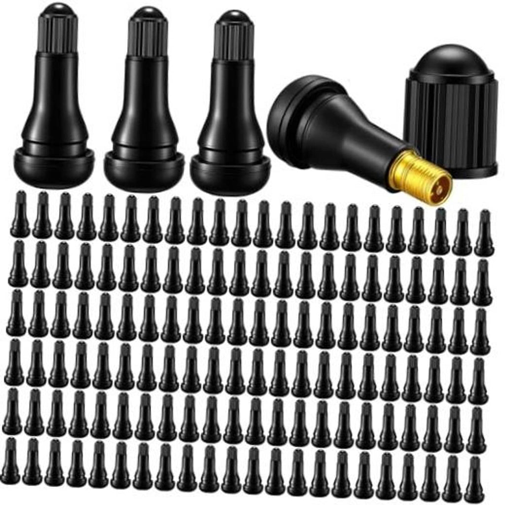 Black snap-in tubeless valve stems bulk pack with brass valve core and rubber caps